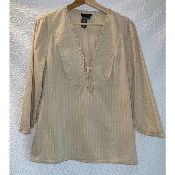 BCBG MaxAzria Womens Blouse Top Tan Stripes Ruffle Sleeve Edge Shirt Size 10 - Picture 13 of 13